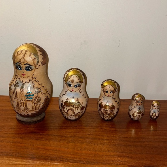 Other - Set of five Russian nesting dolls pyrography wood-burn art